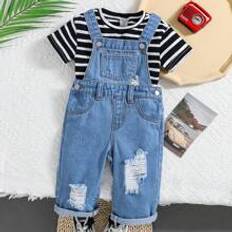 Shein Baby Boys' Black & White Stripe Knit T-Shirt And Blue Washed Ripped Bagyy Denim Jeans Overalls Set,Baby Boy Summer Two Pieces Outfits