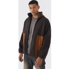 boohooMAN Mens Colour Block Borg And Nylon Jacket In Chocolate Brown