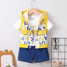 Yellow Other Sets Children's Clothing Shein 3pcs/Set Spring/Summer Baby Boy Outfits, Including Yellow Printed Vest, Cute Car Printed Short Sleeve T-Shirt, & Washed Denim Shorts, Stylish Trendy Set