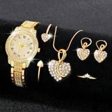 Shein Ladies Watch 6pcs/Set Women's Fashion Heart Necklace Earings Bracelet Rings Jewelry Set Shaped Rhinestone Quartz Watch Set Watch For Women Giving Best Gift Sets