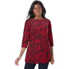 Jessica London Tops Jessica London Plus Women's Stretch Cotton Boatneck Tunic in Classic Red Bias Zebra (Size 12) Long Knit 3/4 Sleeve Shirt