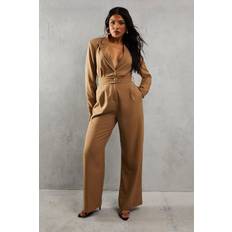 Clothing Misspap Tailored Collared Belted Long Sleeve Straight Leg Jumpsuit Camel