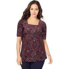 Jessica London T-shirts Jessica London Plus Women's Stretch Cotton Square Neck Tee in Rich Burgundy Garden Paisley (Size 38/40) Short Sleeve T-Shirt