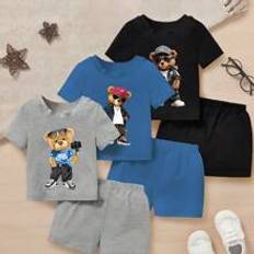 Elastane Other Sets Shein 2pcs/Set Baby Boy Casual Bear Print Short Sleeve T-Shirt And Shorts Piece Outfit Set, For Summer Outdoor & Holiday Wear