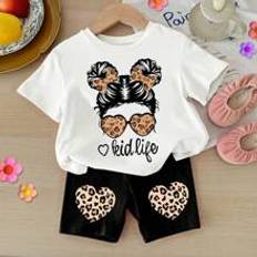 Leopard Övriga sets Barnkläder Shein Cool Girl, Leopard Heart, Cute Girl, Baby Girl Casual Simple Round Neck Short Sleeve Outfit Suitable For Spring And Summer