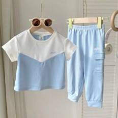 18-24M Övriga sets Shein Baby Boy/Girl Summer Casual Korean-Style Sportswear, 2pcs Knitted Short-Sleeved T-Shirt And Elastic-Waist Pants Set, Letter & Color Block Pattern, Suitable For Home, Outdoor And Vacation Wear
