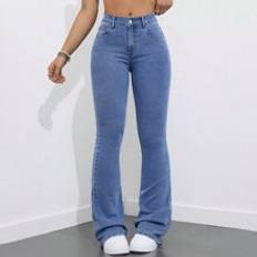 Shein Byxor & Shorts Shein Solid Color Buttoned Casual Flared Jeans With Pockets