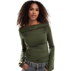 L - Polyamid Blusen Stradivarius Langarmshirt mit Raffung Khaki