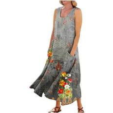 BNI Gglogagt, Gglogagt Cotton Linen Dresses for Women Maxi Sleeveless Dresses Summer Casual Print Cotton Linen Sundress with Pockets Gray