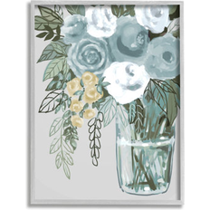 Framed Art Stupell Industries Simple Flower Bouquet Arrangement Vase Illustration Painting 20.0 H x 16.0 W x 1.5 D in Green/Blue Framed Art 16x20"