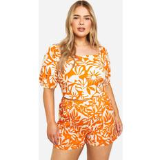 boohoo Womens Plus Abstract Print Tie Back Detail Milkmaid Top - Orange