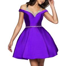 New Balance Women Dresses New Balance Lilyla Womens Halter Neckline Off Shoulder Homecoming Dresses Short Line Ball Gowns Purple US0