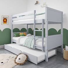 Single Detachable Light Grey Wooden With Trundle Bed And Ladder