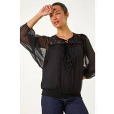 Clothing Roman Embroidered Lace Shirred Hem Top - Black