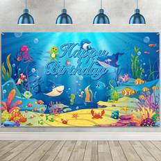 Photo Backgrounds Irenare Sea Backdrop Ocean Animal Happy Birthday Decorations Under Ocean Theme Birthday Photography Background Banner for Kids Dolphin Shark Underwater Blue