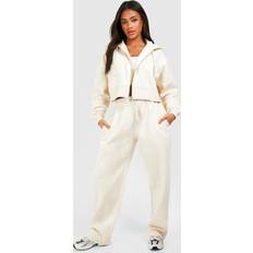 Suits boohoo Deep Hem Crop Top 3 Piece Hooded Tracksuit - Beige