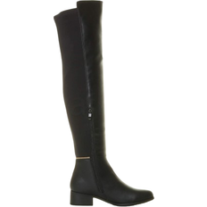 Black Riding Shoes Side Walk Fashion Low Heel Stretch Gold Zip Over the Knee High - Black Matte