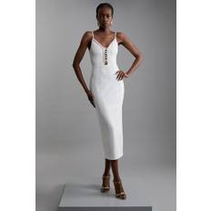 Clothing Karen Millen Eyelet Detail Lace Up Ponte Jersey Midi Dress Ivory