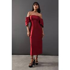 Clothing Warehouse Womens Structured Puff Sleeve Bardot Midi Dress Dark Red