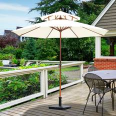 OutSunny 2.7m Double Tier Umbrella With Wooden Parasol - Beige & Teak / Polyester Bamboo Wood - White