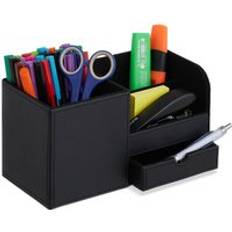 Black Desktop Organizers Relaxdays Desk Organiser 3 Compartments & Drawer Stationary Holder 12 x 22.5 x 11 cm Black