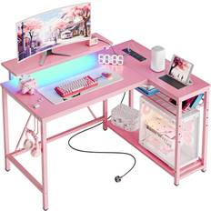 Pink Writing Desks Bestier L Shaped With Power Outlets & LED Lights Compact Corner Writing Desk