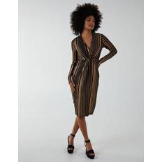 Rose Gold - Women Clothing Blue Vanilla Womens Foil Stripes Twist Front Midi Dress Rose Gold