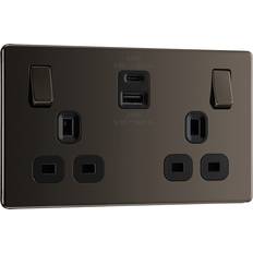 Switch usb c BG Screwless Flatplate 13A Power Socket With USB A C 22W 2 Gang in Black Nickel Plastic