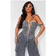 PrettyLittleThing Shape Charcoal Wash Denim Lace Up Front Corset