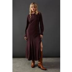 Warehouse Viscose Twill Tie Shoulder Circle Tier Hem Midi Dress Chocolate