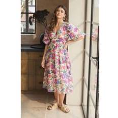 Clothing Izabel London Floral 1/2 Puff Sleeve Midi Dress Pink