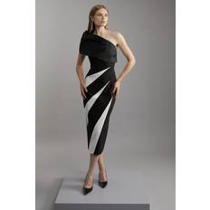 Clothing Karen Millen Clean Tailored Taffeta One Shoulder Panel Midi Dress Mono