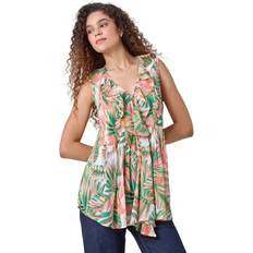 Orange - Women Blouses Roman Leaf Print Frill Pintuck Detail Top Orange
