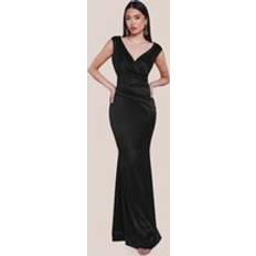 Goddiva Satin Off The Shoulder Maxi Dress Black