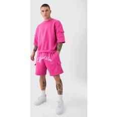 Ylisuuri Topit boohooMAN Oversized Cargo Pocket Half Sleeve Sweatshirt And Short Set - Pink