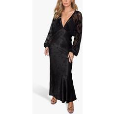 Never Fully Dressed Sheer Sleeve Satin Dress, Black