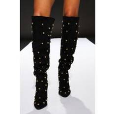 Black High Boots Faith Runway Dome Stud Thigh High Heeled Boots Natural Black