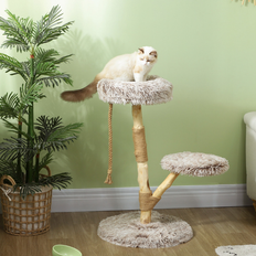 Pawhut 35 Inch Moden Cat Tree Tower with Wooden Scratching Post, Brown (19.7 in W x 35.4 in H x 19.7 in D)