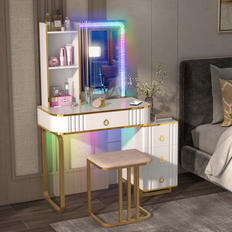 Mercer41 Vanity Set W/ Rgb Led Lights Crystal Crush Diamond Mirror Drawers 54.0 H x 15.5 W x 31.5 D in Brown/Gray/Green/Yellow Dressing Table