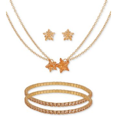 Guess Jewelry Sets Guess Silver-Tone Crystal Star Pendant Necklace, Double Stretch Bracelet & Stud Earrings Set Gold/Orange (ONE SIZE)