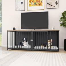 YitaHome Double Dog Crate Furniture 80.2 Inch Large Breed Dog Kennel with Divider, Heavy Duty Dog House TV Stand Indoor for 2 Medium Dogs, Black