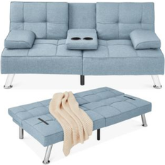 Best Choice Products Modern Linen Convertible Futon Bed w/ Removable Armrests, Metal Legs, Cupholders - Light Blue Sofa 32" 3 Seater