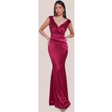 Goddiva Satin Off The Shoulder Maxi Dress Wine