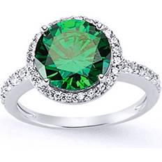 Green Rings Jewelco London (R) Ladies Rhodium Plated Sterling Silver Green Cubic Zirconia Halo Engagement Ring