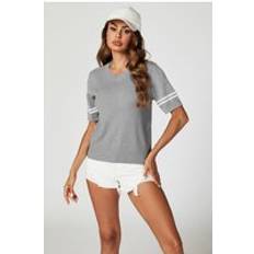 One Size T-shirts FS Collection Striped Detail Knitted T-Shirt Crew Neck - Grey