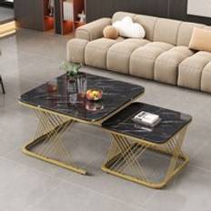 Abrihome Nest Of 2 Tables Square Set With Gold Metal Frame Legs And Marble Pattern Black Top Coffee Table