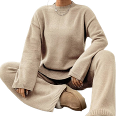 Beige Clothing Shein MOOSTA Solid Color Drop Shoulder Sweater And Knitted Pants Two Piece Set