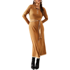 Polyester Dresses Wallis Tipped Belted Knitted Midi Dress - Camel