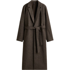 M - Polyamid Mäntel H&M Brushed Twill Coat with Tie Belt - Dark Brown/Herringbone Patterned