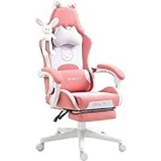 Gamingstol med fotstöd Dowinx Gamingstol söt kattutgåva ergonomisk skrivbordsdatorstol med högt ryggstöd och ländryggsstöd, PU-läder, fotstöd, rosa